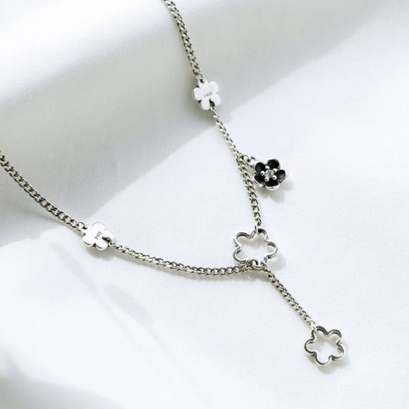 #NEW 925 Sterling Silver Flower Drop Link Chain Necklace - Picture 4 of 4